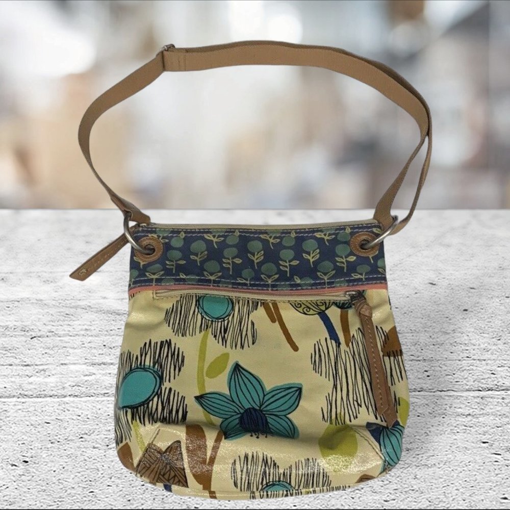 Fossil Key-Per Cross Body Bag Purse Hand Bag Floral Flowers Cream Blue Green